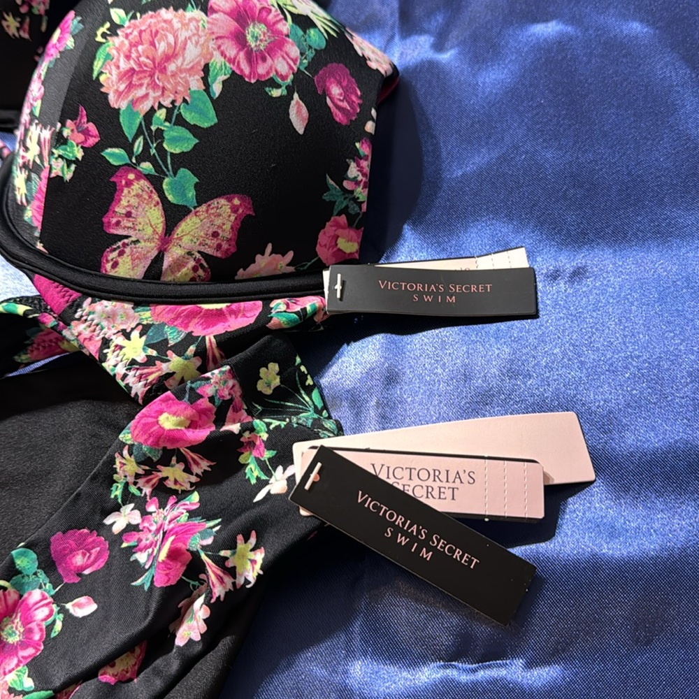Victoria's Secret Set Bombshell Swim Bikini Bra/Bottom black floral size L 36B - Picture 13 of 15